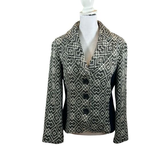 Ladies Donna Degnan Brand Wool Blend Black and White Geomtric Print Jacket 6 - Picture 3 of 12
